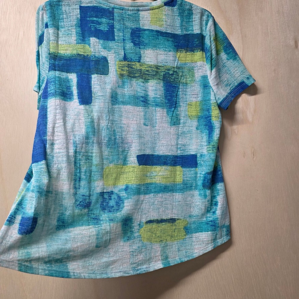 Chico's Abstract Brushstroke V-Neck Top Teal Blue Green Cotton Blend Size 2 L - Picture 10 of 10
